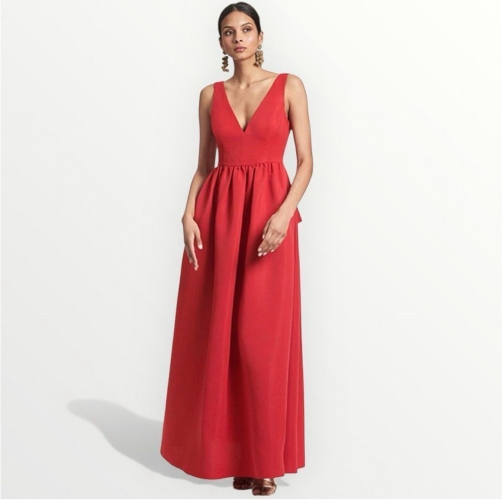 Sachin and Babi Katrina Gown in Red V-Neck Bow A-Line Long Dress